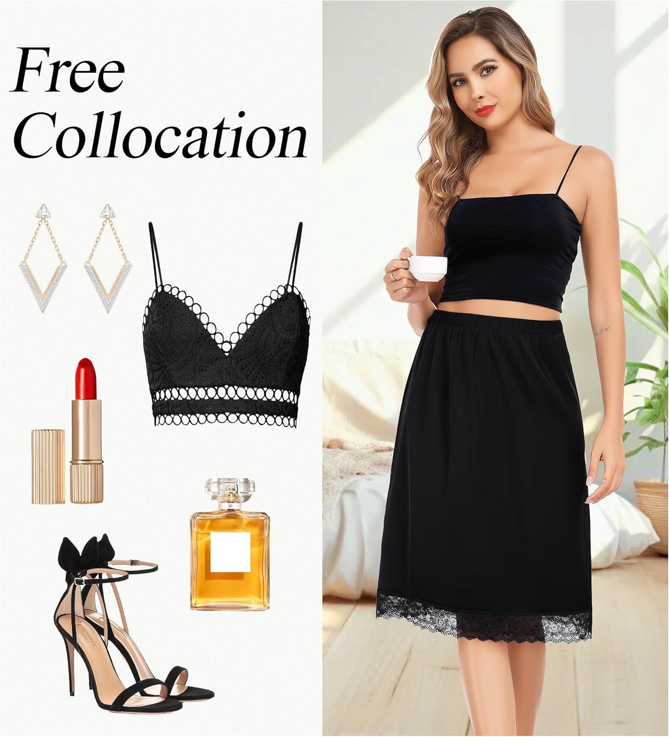 imageLovasy 2 Pieces Half Slips for Women Long Underskirt Anti Static Satin Under Skirt with Lace Trim Slip for Skirts Dress S3XLBlackblack