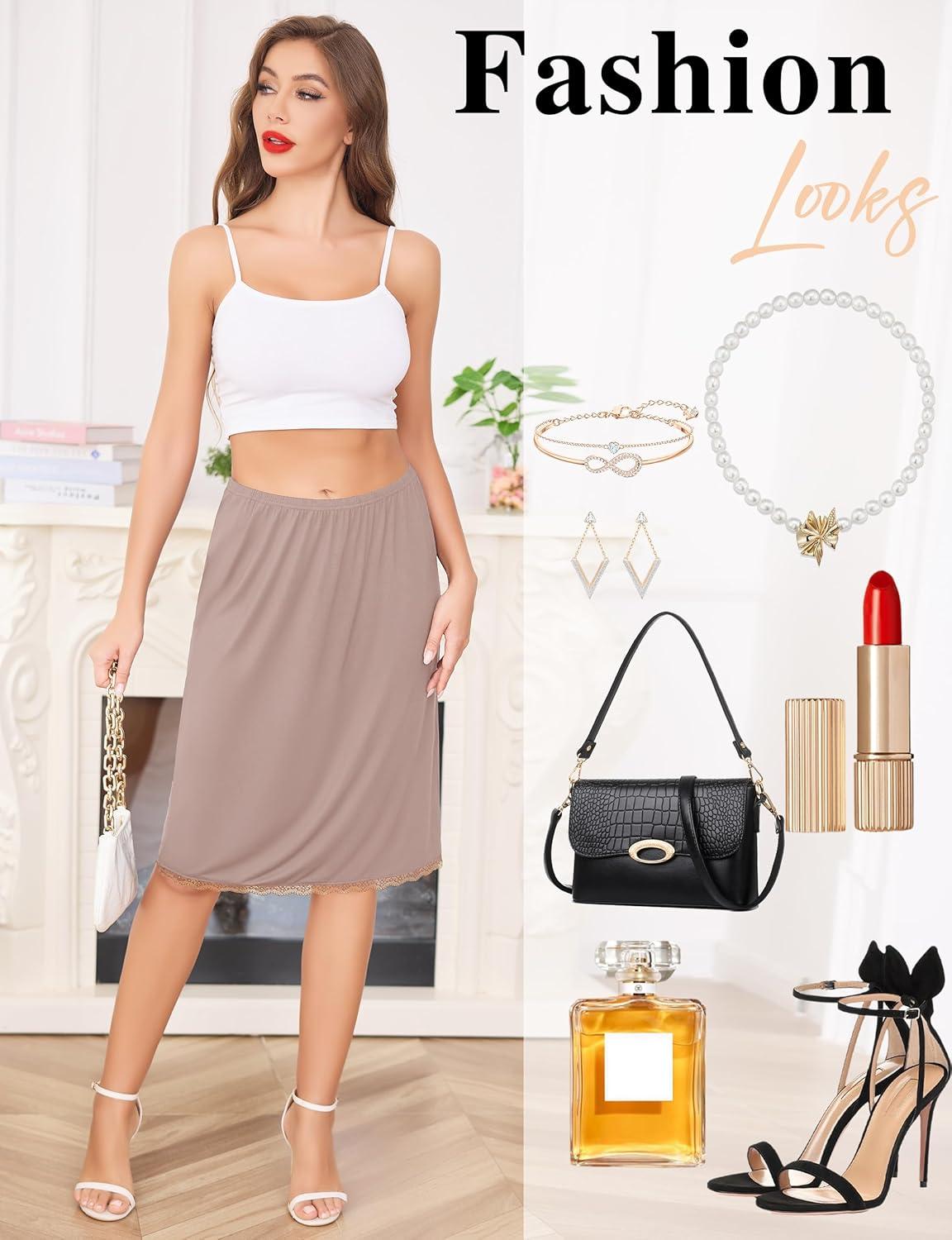 imageLovasy 2 Pieces Slip Skirt for Women Lace Half Slips AntiStatic Underskirt Knee Length Under Dress Slips S3XLBlack Coffee