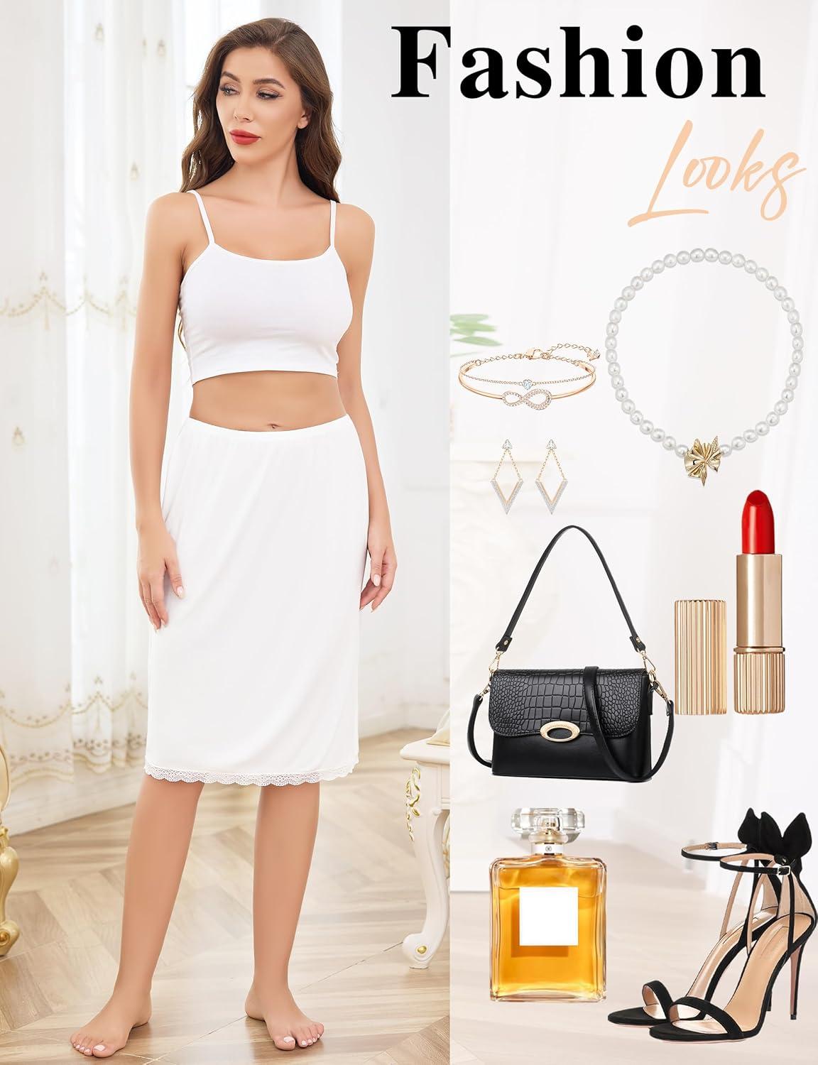 imageLovasy 2 Pieces Slip Skirt for Women Lace Half Slips AntiStatic Underskirt Knee Length Under Dress Slips S3XLBlack White