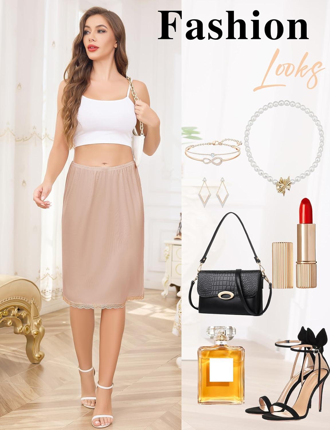 imageLovasy 2 Pieces Slip Skirt for Women Lace Half Slips AntiStatic Underskirt Knee Length Under Dress Slips S3XLWhite Camel