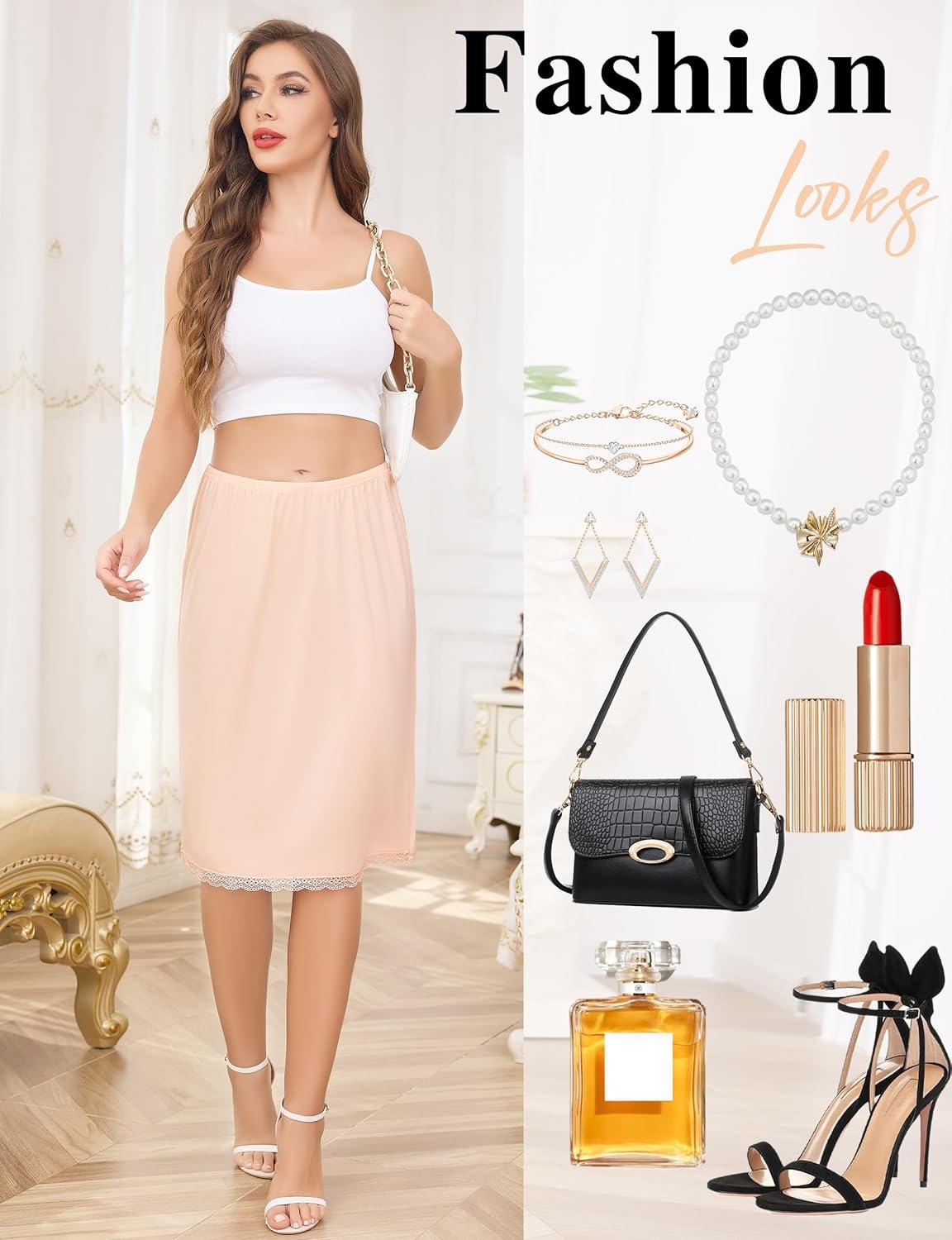 imageLovasy 2 Pieces Slip Skirt for Women Lace Half Slips AntiStatic Underskirt Knee Length Under Dress Slips S3XLWhite Nude