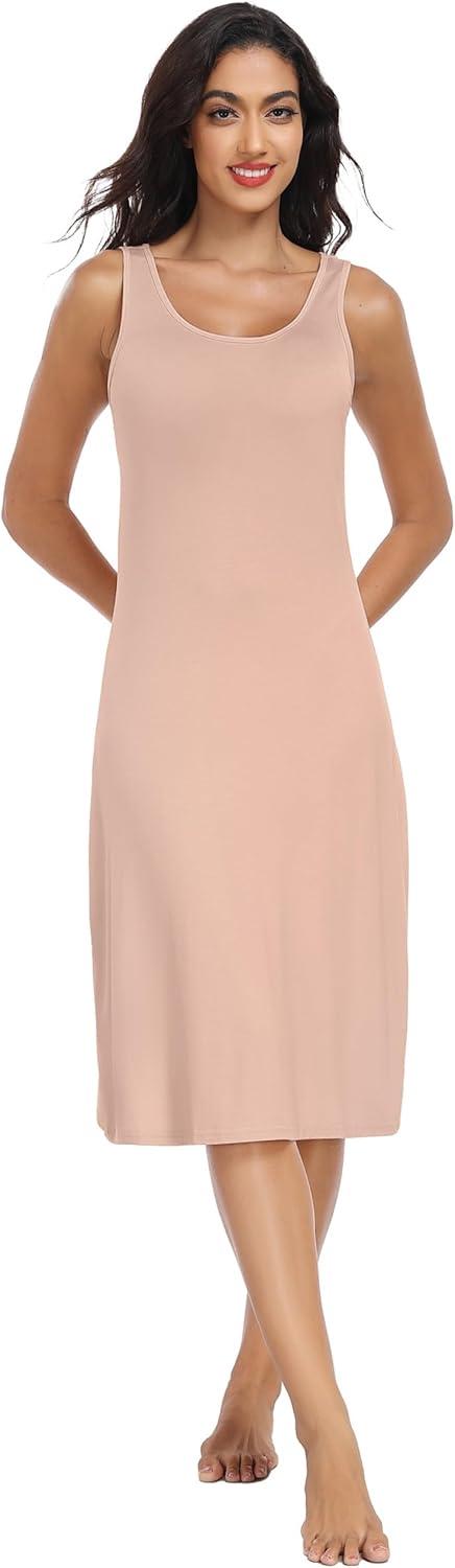 imageLovasy Full Slip for Women Under Dress Long Wide Straps Slips Sleeveless Tank Tops Dresses Nightgown S3XLCamel
