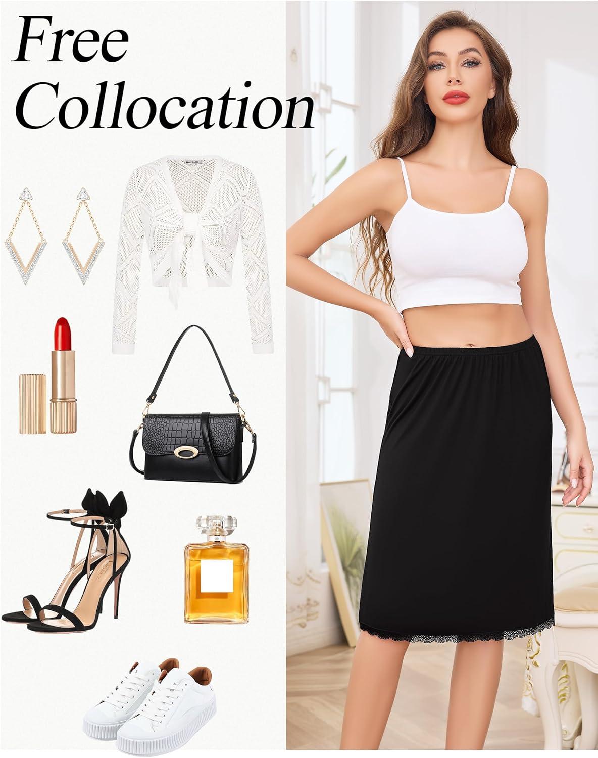 imageLovasy Half Slip for Women Under Dress Lace Slip Skirt AntiCling Knee Length Underskirt S3XLBlack