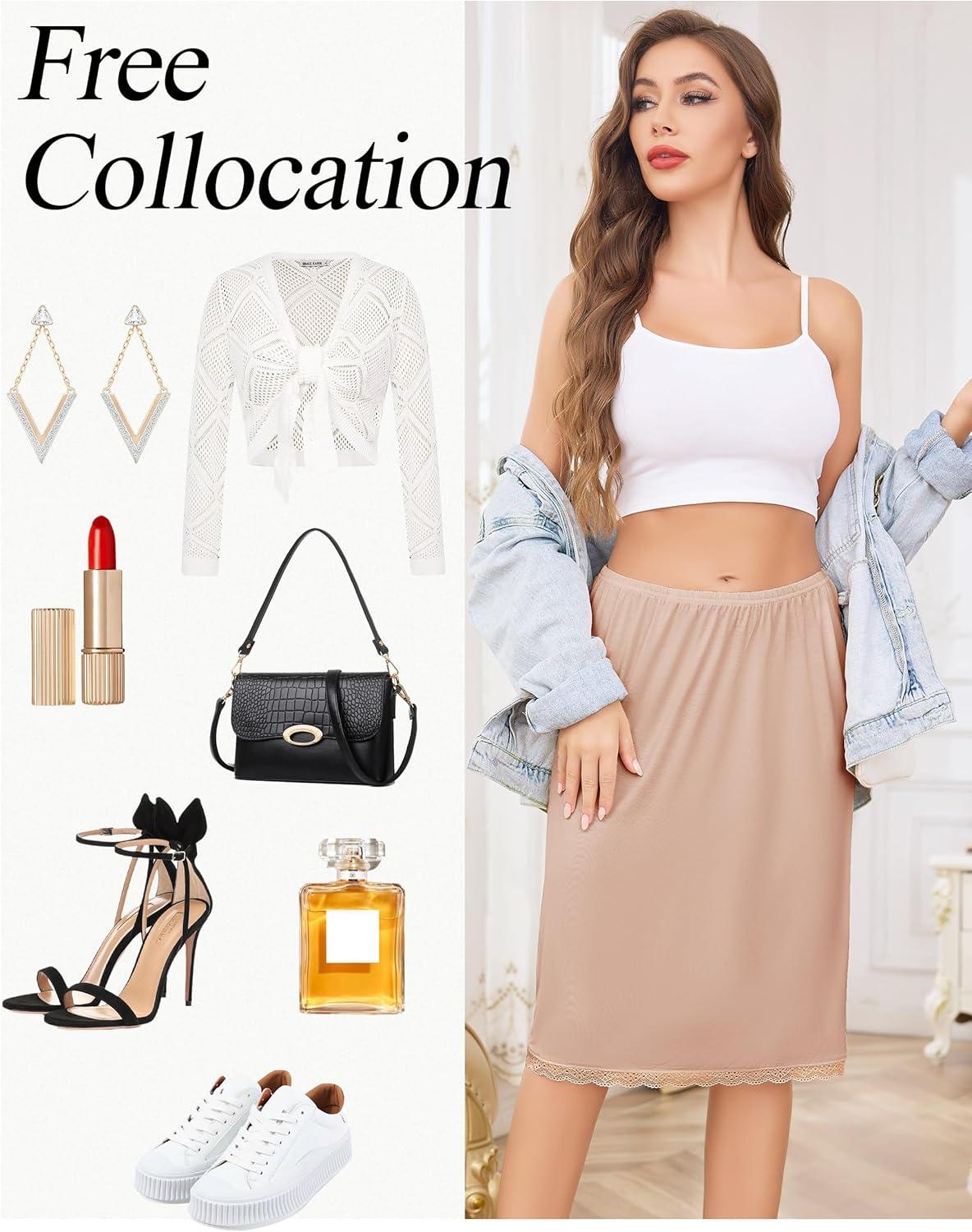 imageLovasy Half Slip for Women Under Dress Lace Slip Skirt AntiCling Knee Length Underskirt S3XLCamel