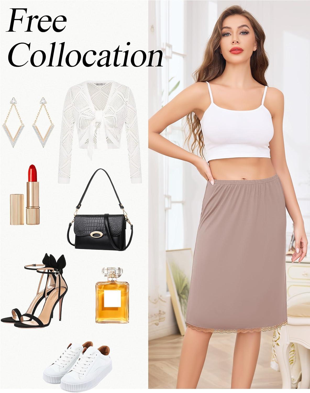 imageLovasy Half Slip for Women Under Dress Lace Slip Skirt AntiCling Knee Length Underskirt S3XLCoffee