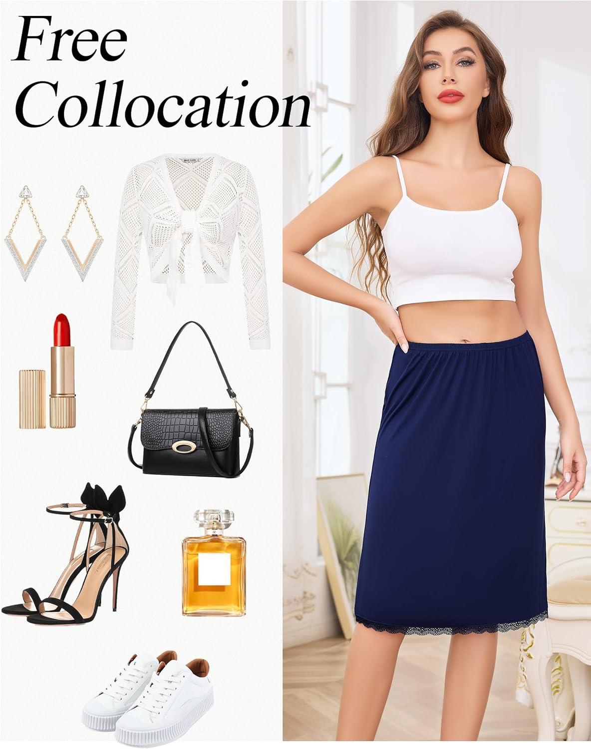 imageLovasy Half Slip for Women Under Dress Lace Slip Skirt AntiCling Knee Length Underskirt S3XLNavy Blue