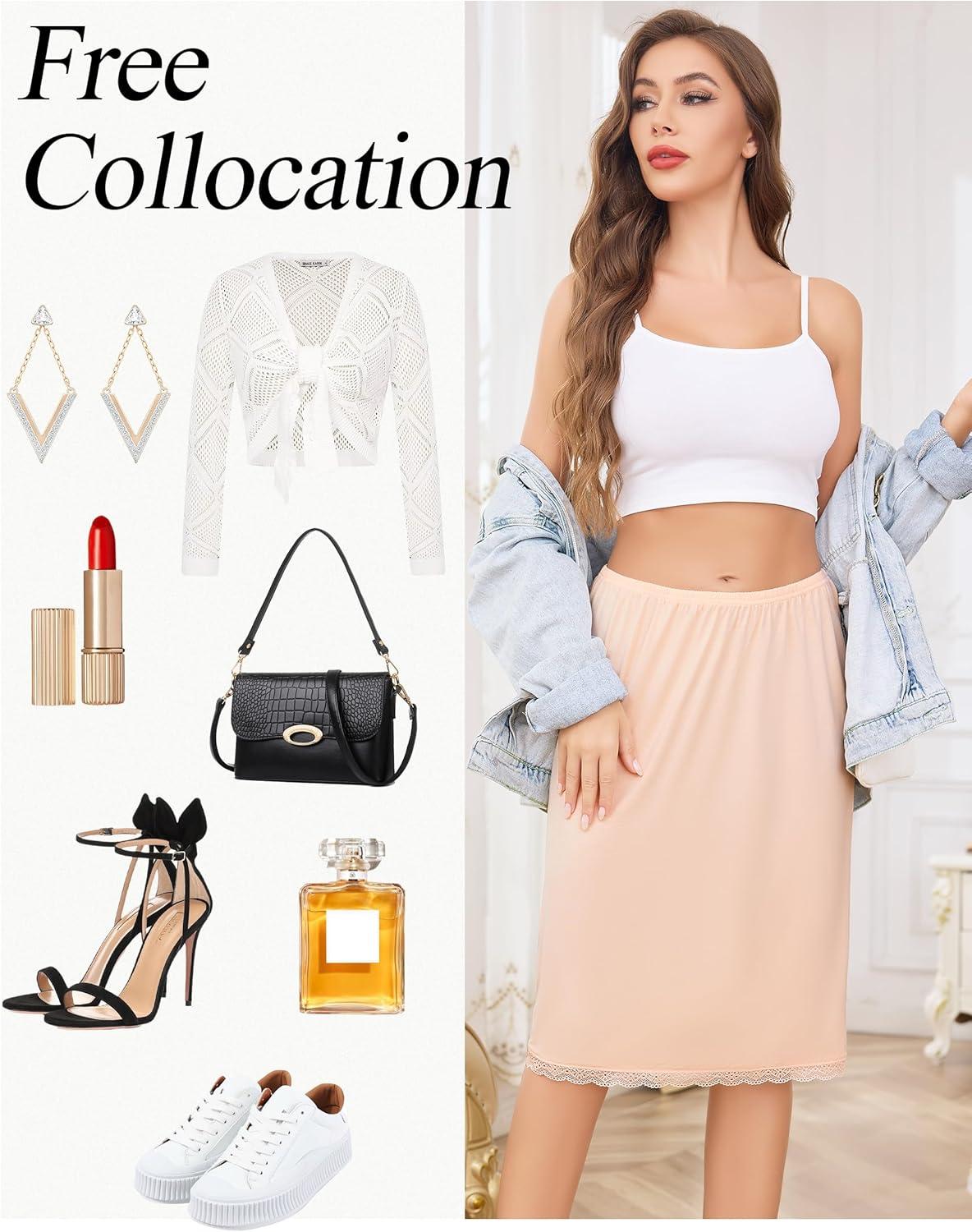 imageLovasy Half Slip for Women Under Dress Lace Slip Skirt AntiCling Knee Length Underskirt S3XLNude