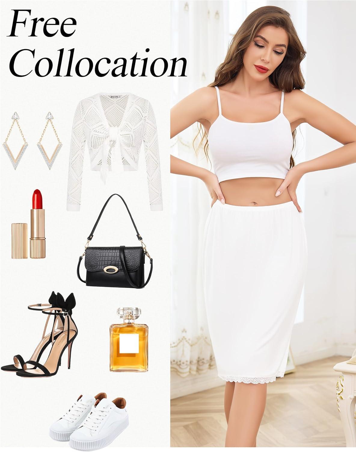 imageLovasy Half Slip for Women Under Dress Lace Slip Skirt AntiCling Knee Length Underskirt S3XLWhite