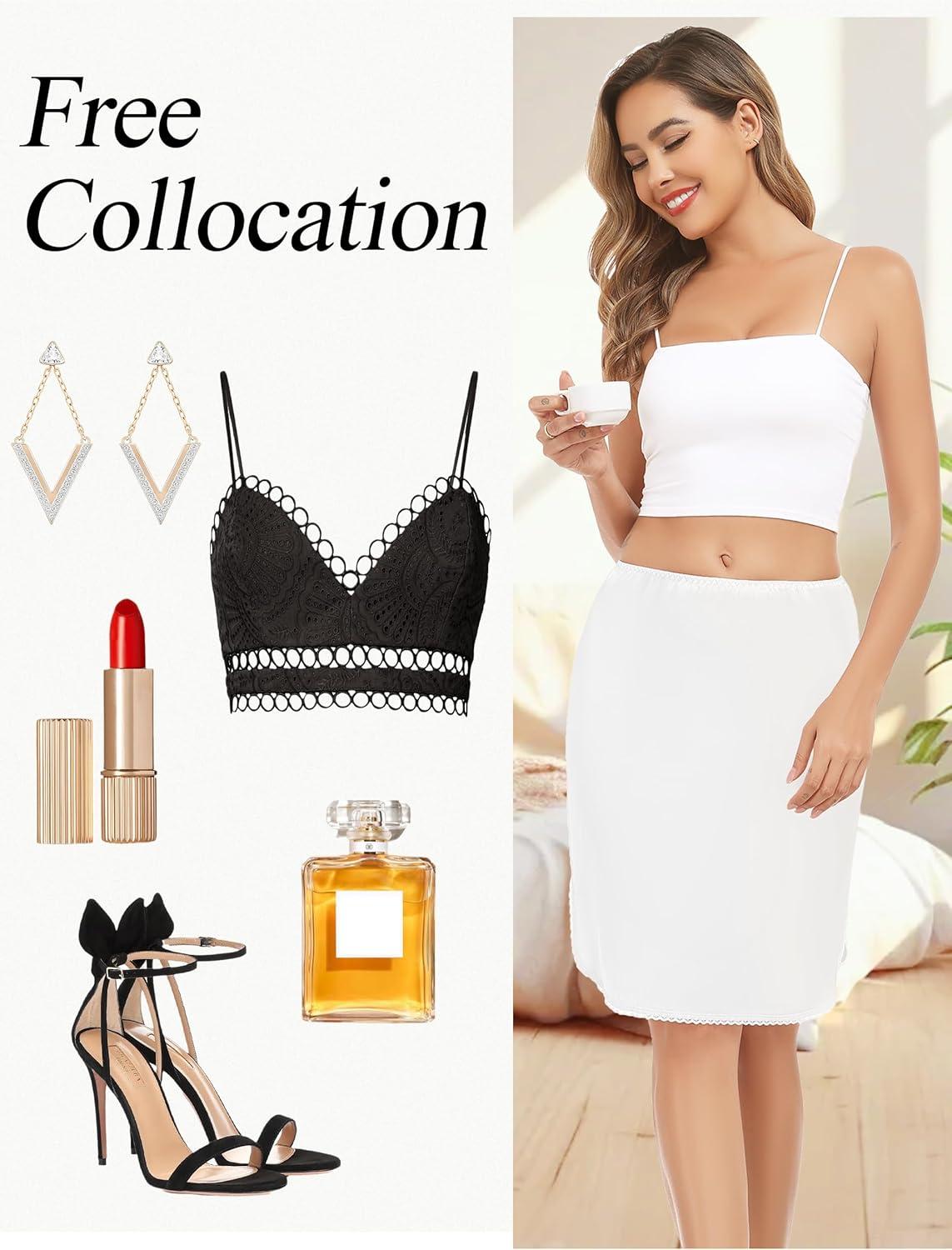 imageLovasy Half Slips for Women Underskirt AntiStatic Short Mini Skirt with Floral Lace Trim Slip Dress for Skirt Dresses S3XLWhite