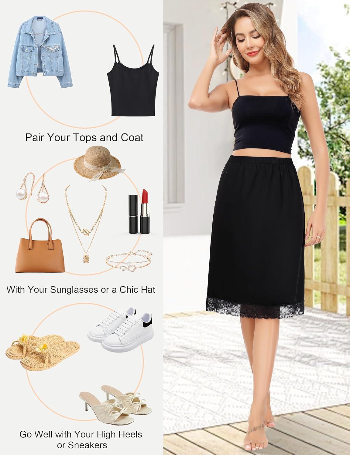 imageLovasy Satin Half Slip for Women Under Dress Lace Long Underskirt AntiStatic Skirt Slips for Underdress S3XLBlack