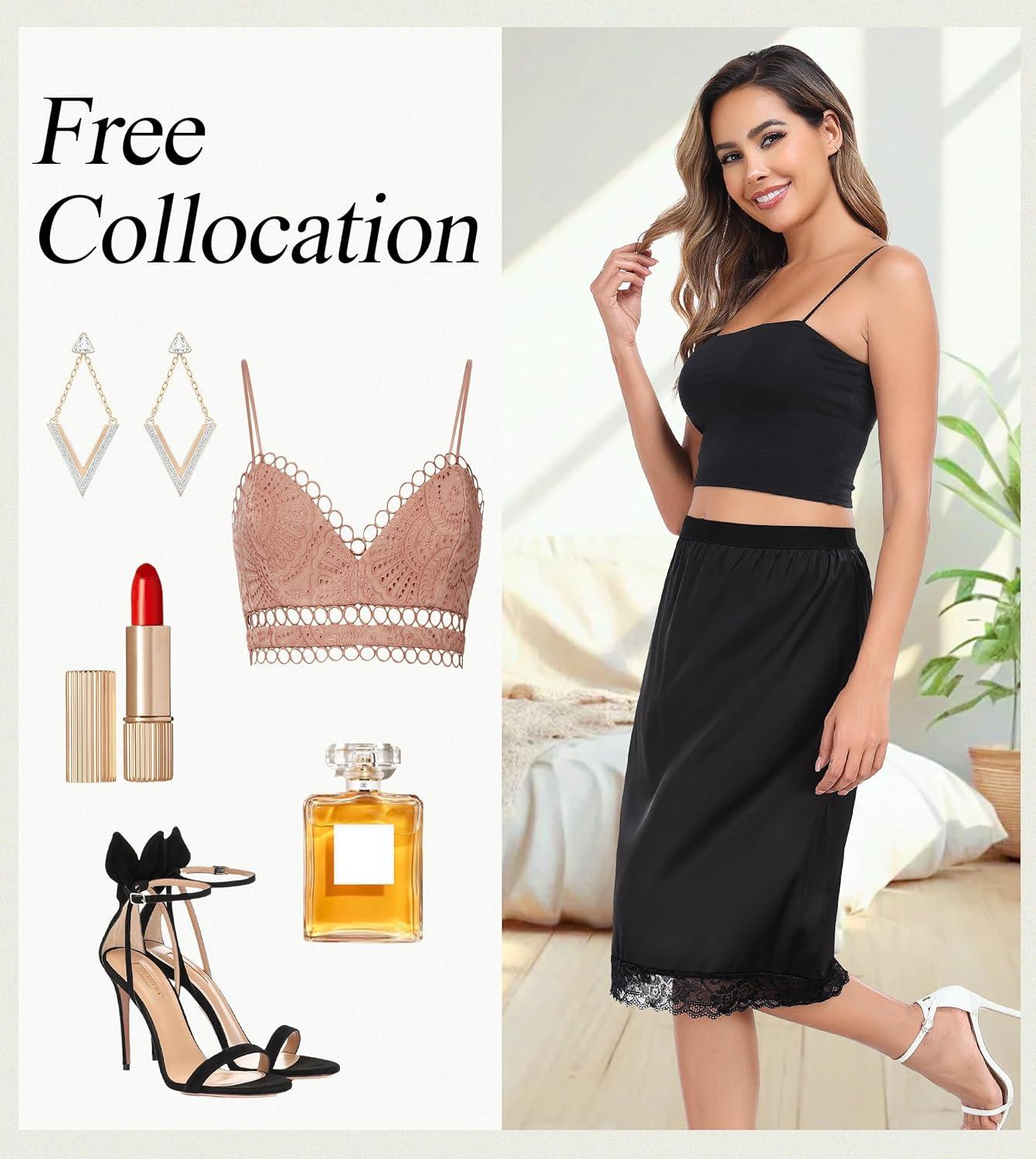 imageLovasy Women Satin Half Slips Lace Long Underskirt Anti Static Under Skirt Soft Slip Dress for Skirts Dresses S3XLBlack