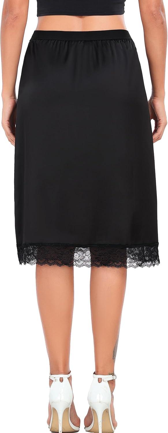 imageLovasy Women Satin Half Slips Lace Long Underskirt Anti Static Under Skirt Soft Slip Dress for Skirts Dresses S3XLBlack
