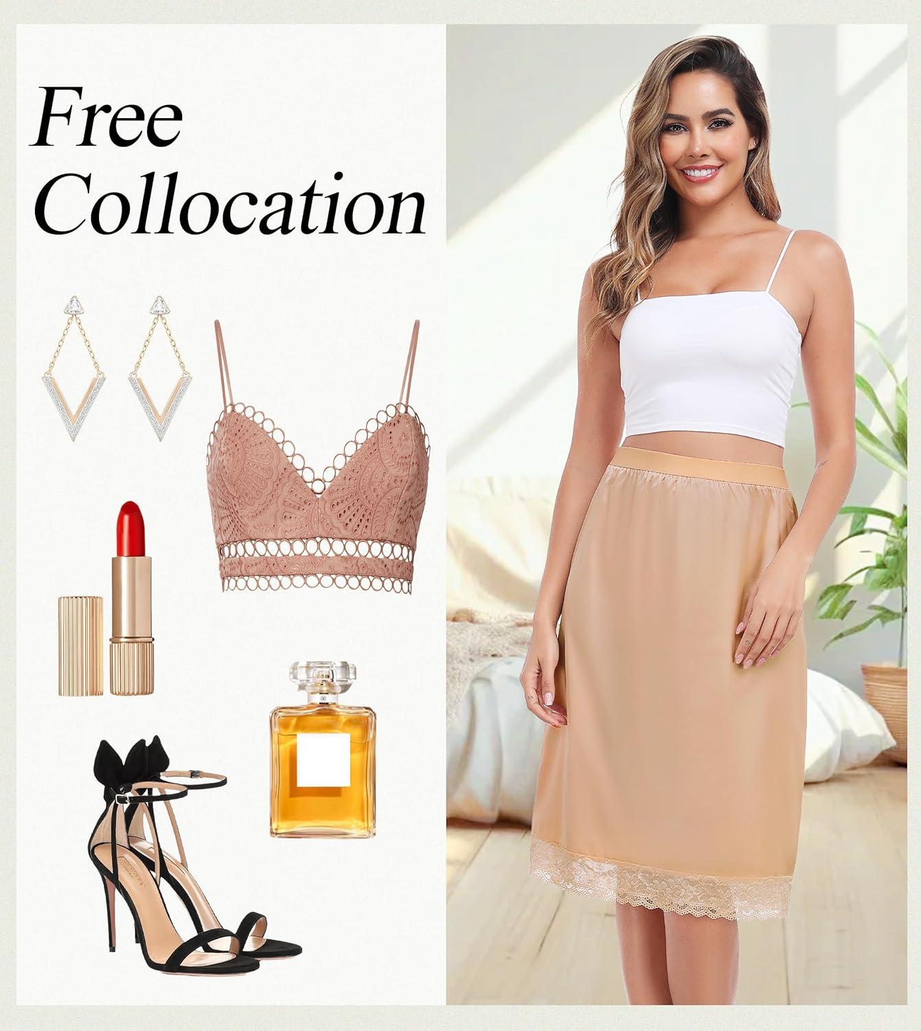 imageLovasy Women Satin Half Slips Lace Long Underskirt Anti Static Under Skirt Soft Slip Dress for Skirts Dresses S3XLDeep Champagne