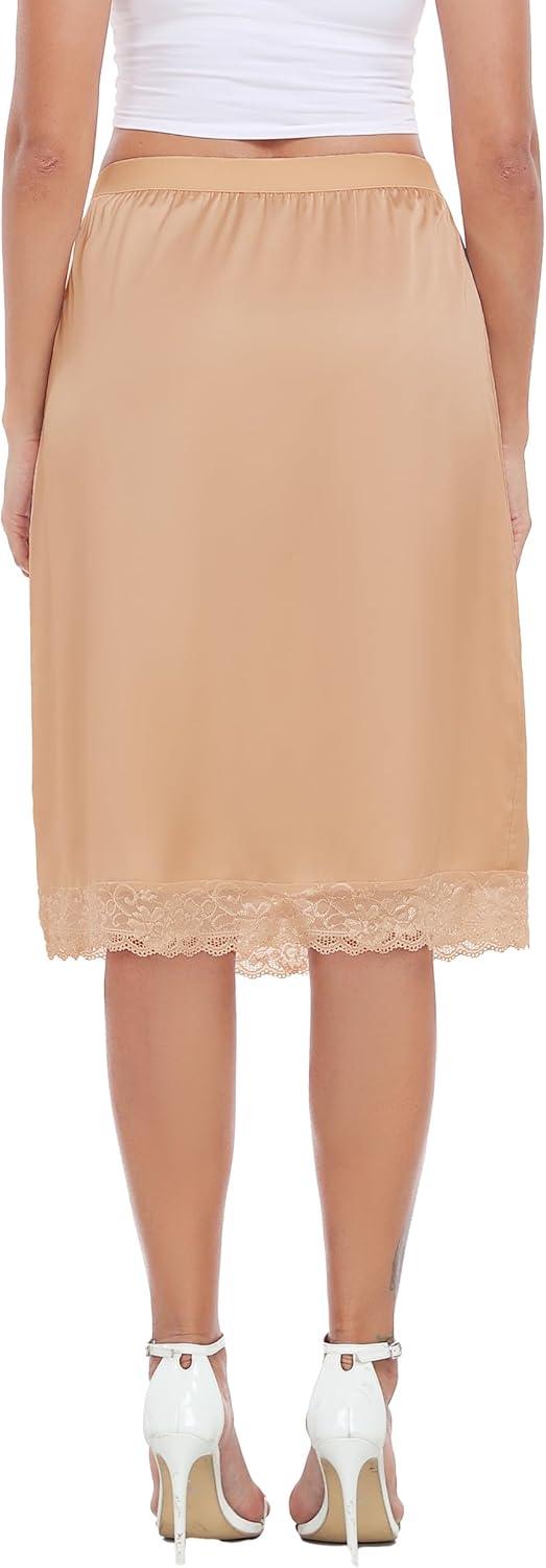 imageLovasy Women Satin Half Slips Lace Long Underskirt Anti Static Under Skirt Soft Slip Dress for Skirts Dresses S3XLDeep Champagne