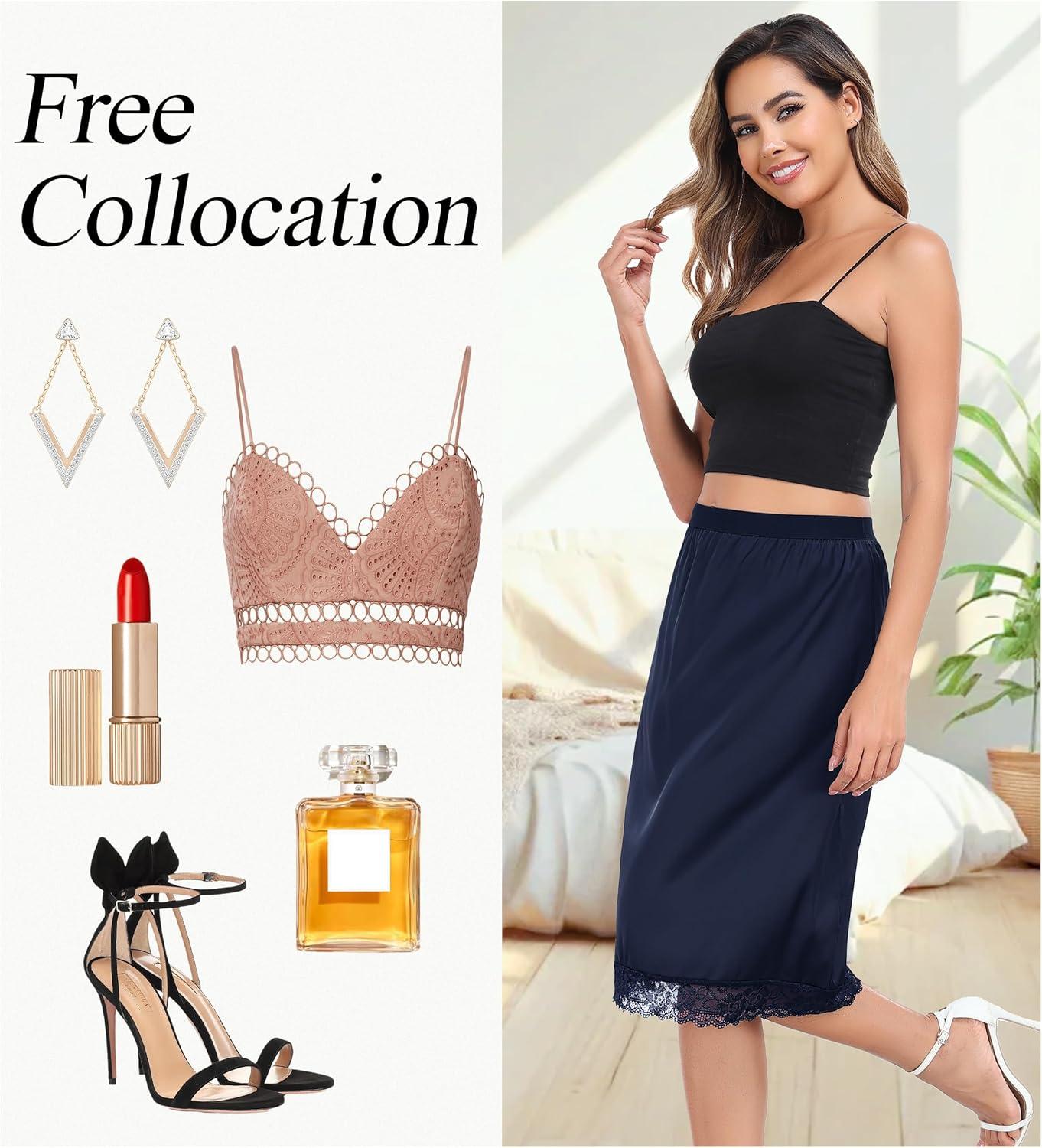 imageLovasy Women Satin Half Slips Lace Long Underskirt Anti Static Under Skirt Soft Slip Dress for Skirts Dresses S3XLNavy Blue
