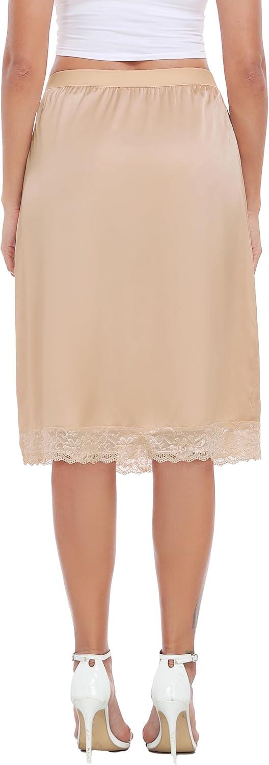 imageLovasy Women Satin Half Slips Lace Long Underskirt Anti Static Under Skirt Soft Slip Dress for Skirts Dresses S3XLNude
