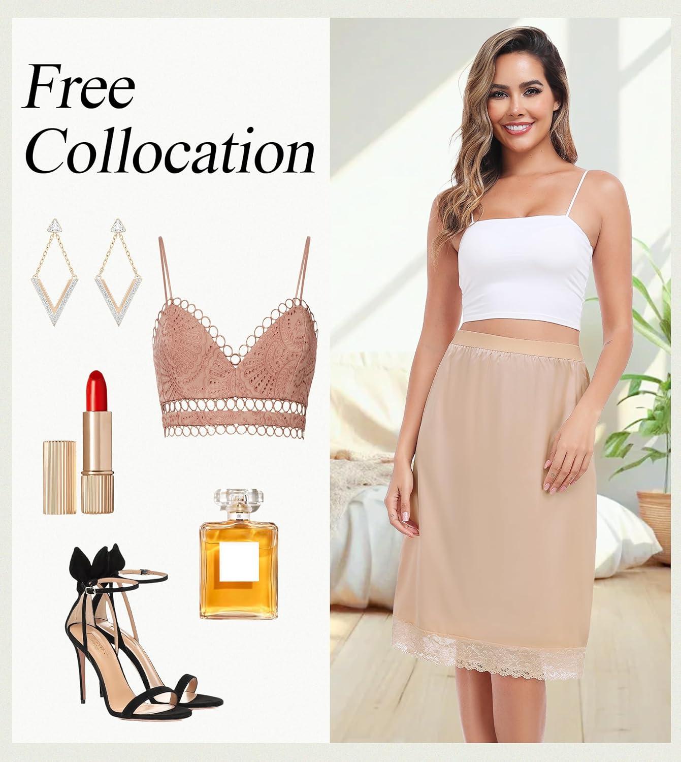 imageLovasy Women Satin Half Slips Lace Long Underskirt Anti Static Under Skirt Soft Slip Dress for Skirts Dresses S3XLNude