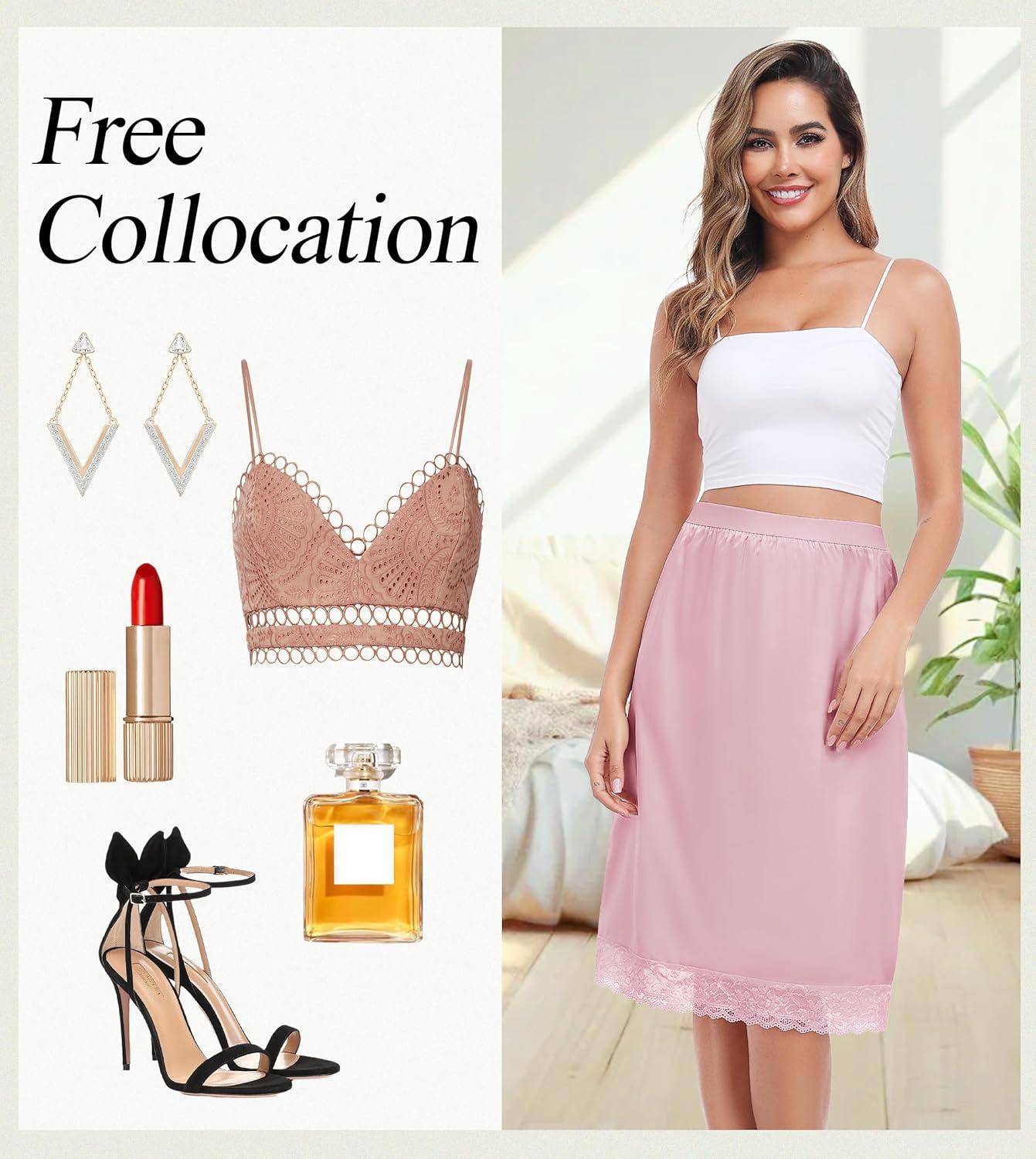 imageLovasy Women Satin Half Slips Lace Long Underskirt Anti Static Under Skirt Soft Slip Dress for Skirts Dresses S3XLRose Pink