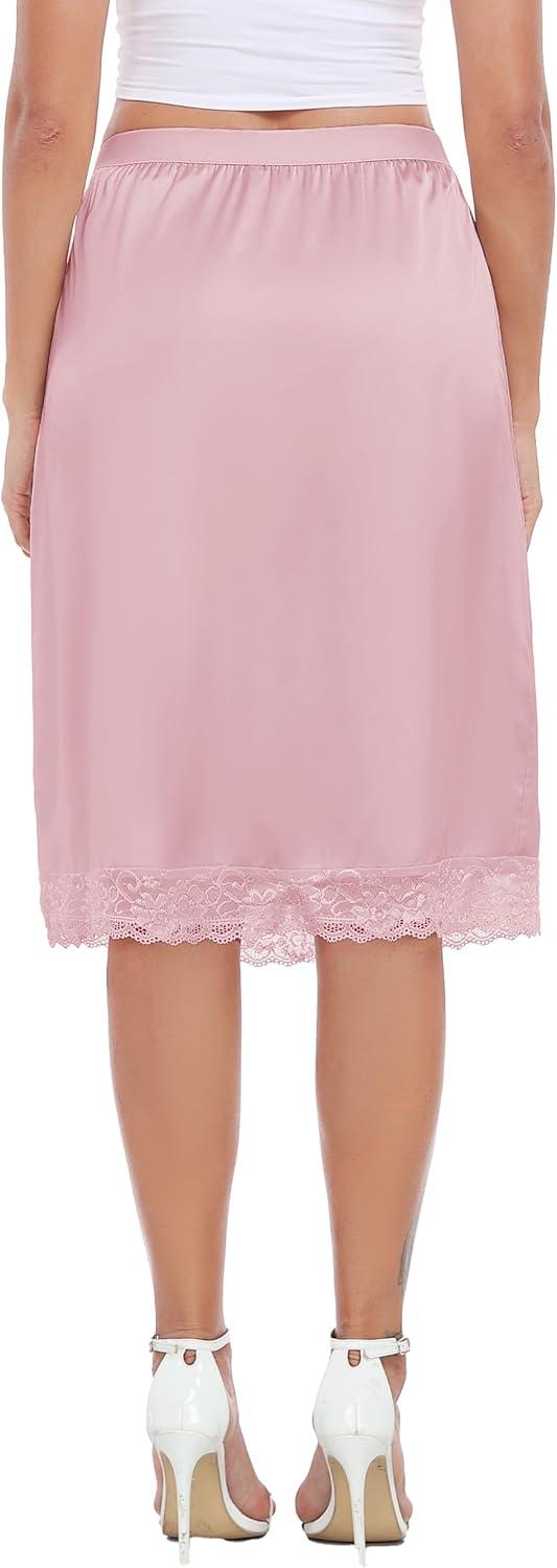 imageLovasy Women Satin Half Slips Lace Long Underskirt Anti Static Under Skirt Soft Slip Dress for Skirts Dresses S3XLRose Pink