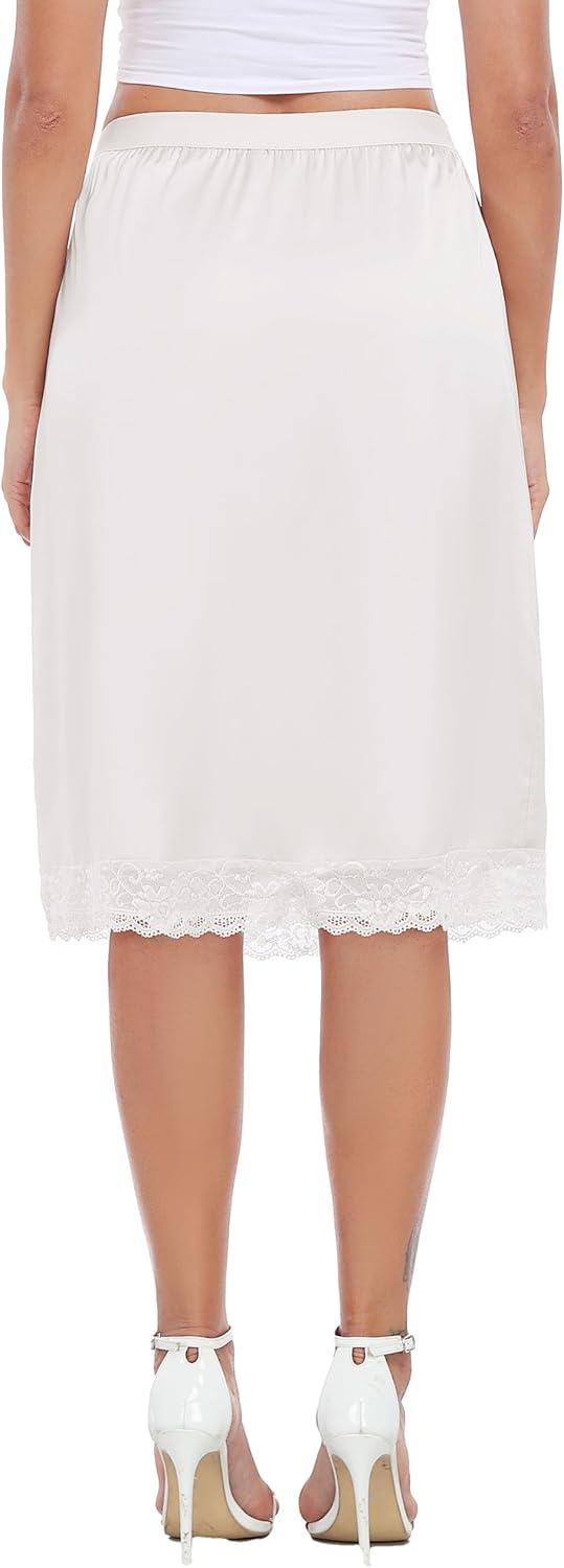 imageLovasy Women Satin Half Slips Lace Long Underskirt Anti Static Under Skirt Soft Slip Dress for Skirts Dresses S3XLWhite