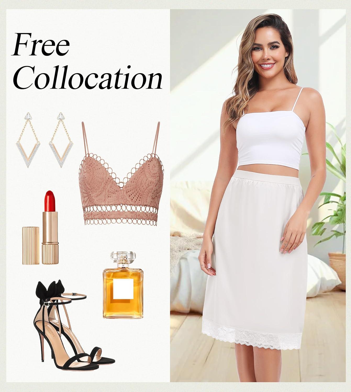 imageLovasy Women Satin Half Slips Lace Long Underskirt Anti Static Under Skirt Soft Slip Dress for Skirts Dresses S3XLWhite