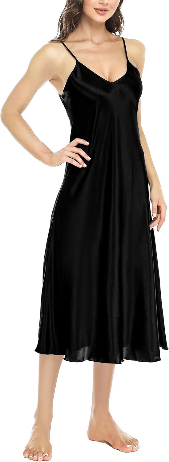 imageLovasy Women Satin Nightgown Sexy Lingerie Long Slip Dress V Neck Sleepwear Nightdress SXXLBlack