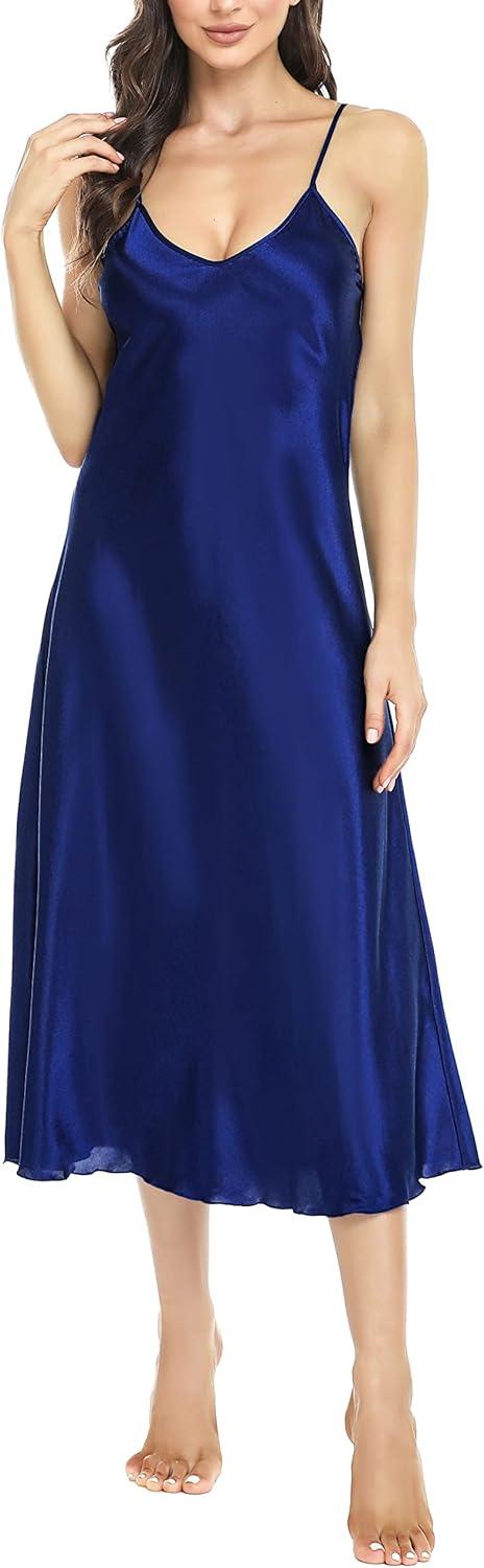 imageLovasy Women Satin Nightgown Sexy Lingerie Long Slip Dress V Neck Sleepwear Nightdress SXXLDark Blue