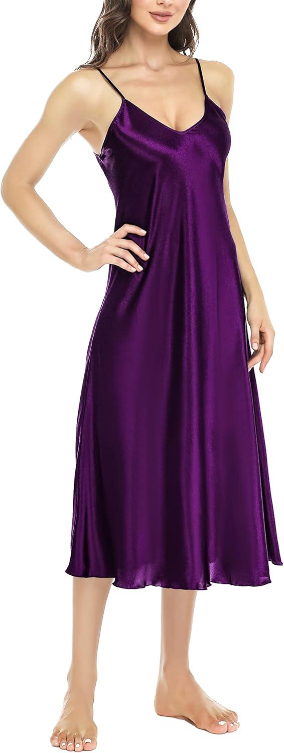 imageLovasy Women Satin Nightgown Sexy Lingerie Long Slip Dress V Neck Sleepwear Nightdress SXXLDark Purple
