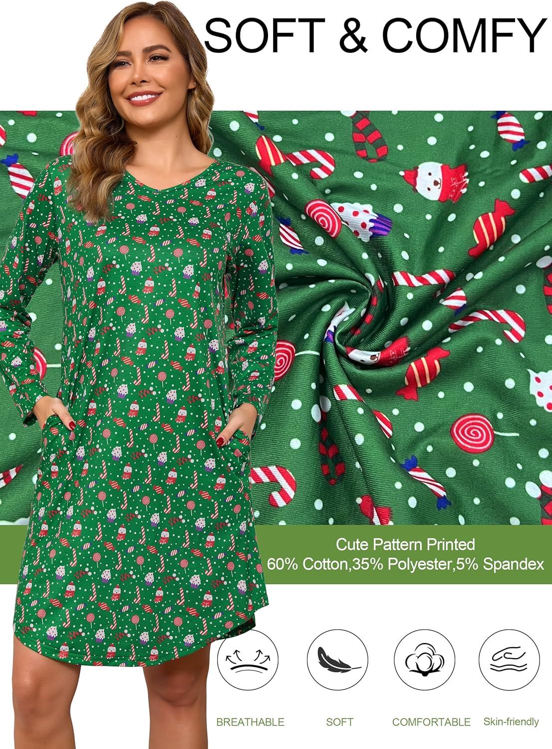 imageLovasy Womens Cotton Long Sleeves Nightgowns Christmas Sleepwear V Neck Sleepshirt Nightdress with Pockets S3XLChristmasdark Green