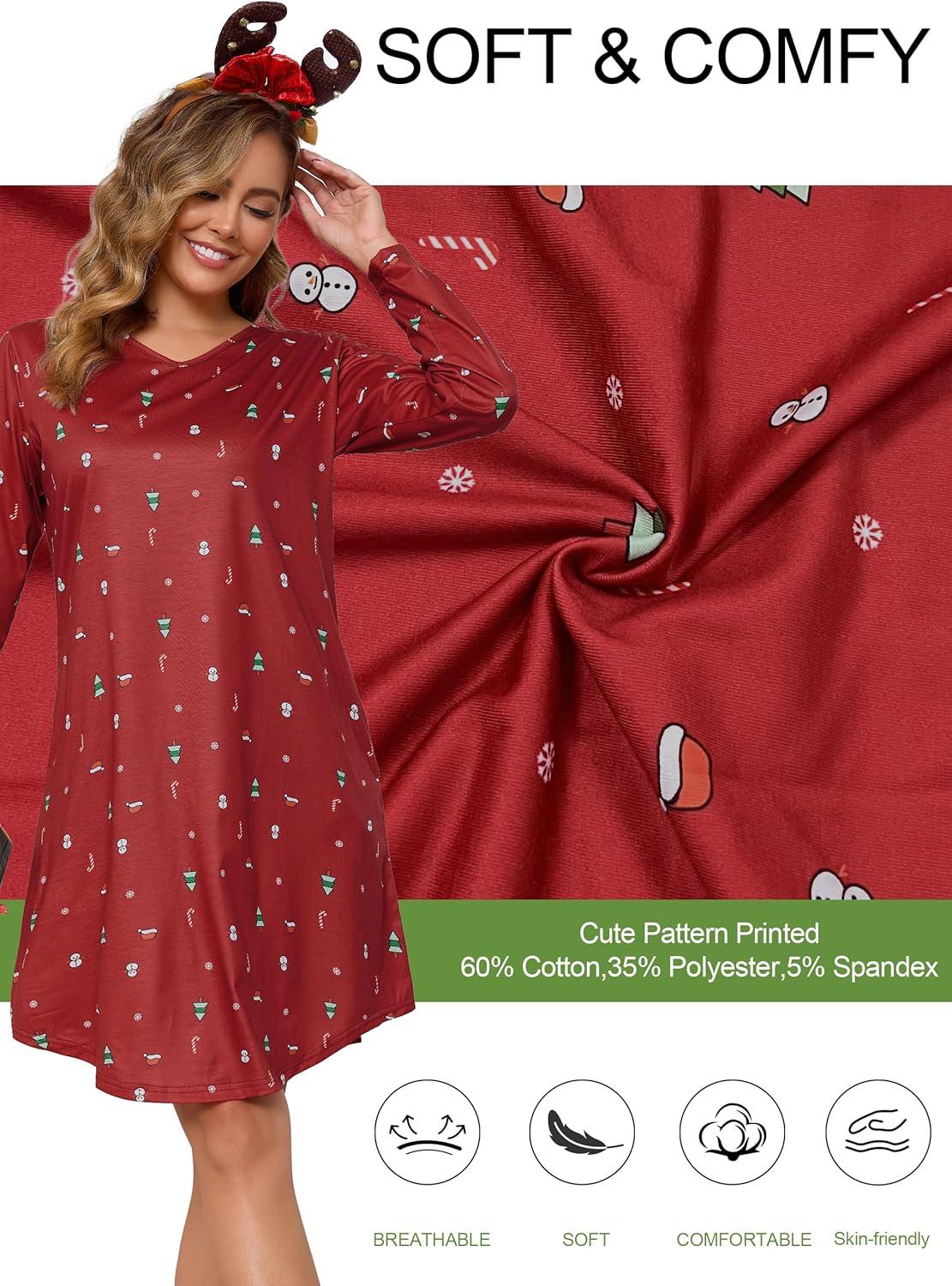 imageLovasy Womens Cotton Long Sleeves Nightgowns Christmas Sleepwear V Neck Sleepshirt Nightdress with Pockets S3XLChristmasred01
