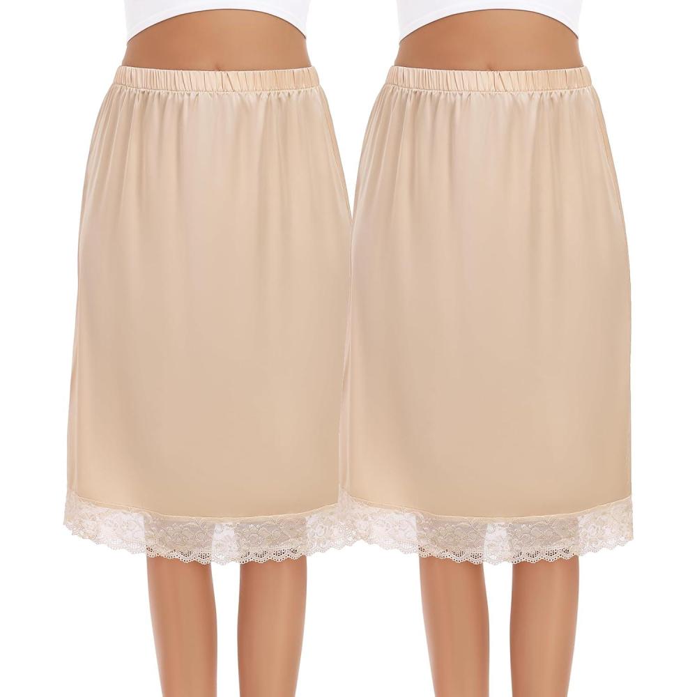 imageLovasy 2 Pieces Half Slips for Women Long Underskirt Anti Static Satin Under Skirt with Lace Trim Slip for Skirts Dress S3XLNudenude