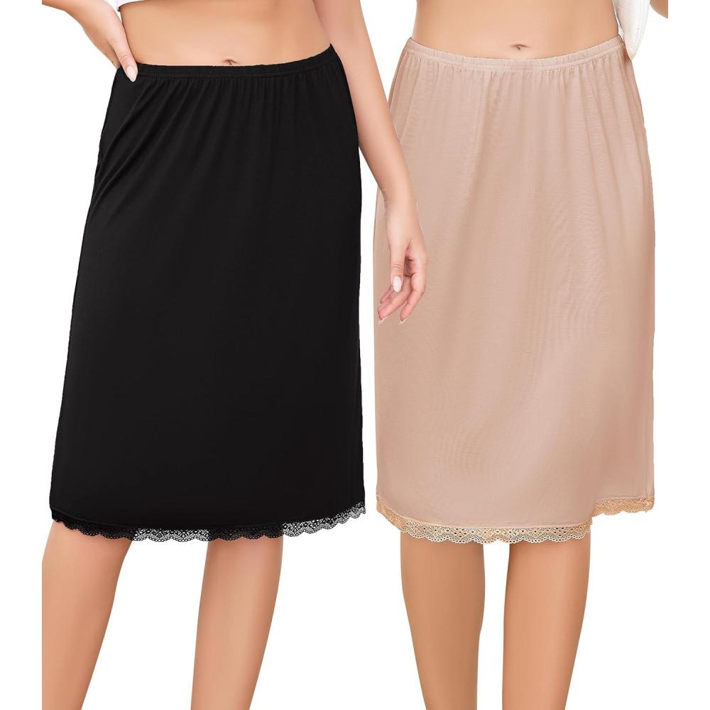 imageLovasy 2 Pieces Slip Skirt for Women Lace Half Slips AntiStatic Underskirt Knee Length Under Dress Slips S3XLBlack Camel
