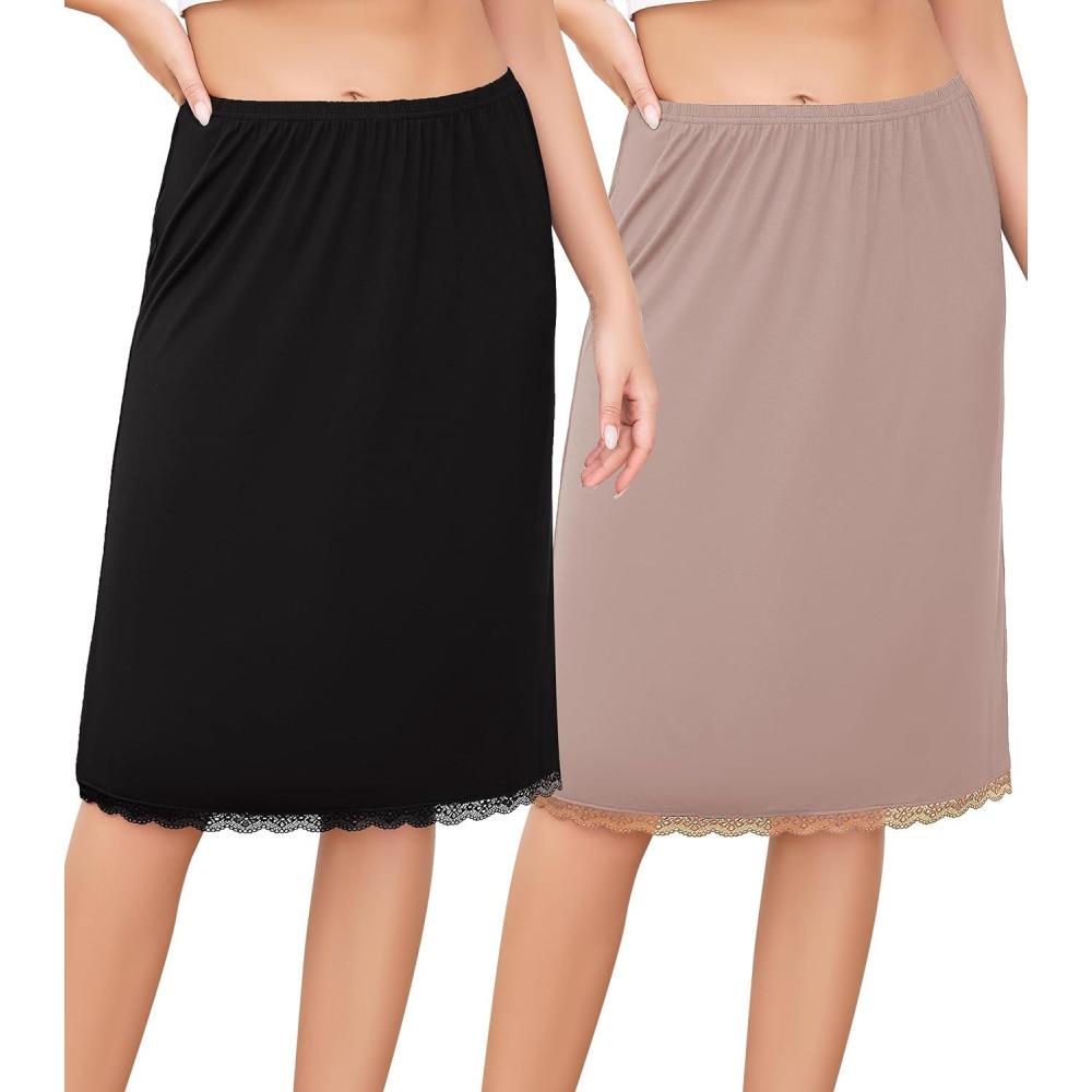 imageLovasy 2 Pieces Slip Skirt for Women Lace Half Slips AntiStatic Underskirt Knee Length Under Dress Slips S3XLBlack Coffee