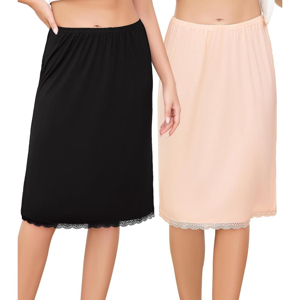 imageLovasy 2 Pieces Slip Skirt for Women Lace Half Slips AntiStatic Underskirt Knee Length Under Dress Slips S3XLBlack Nude