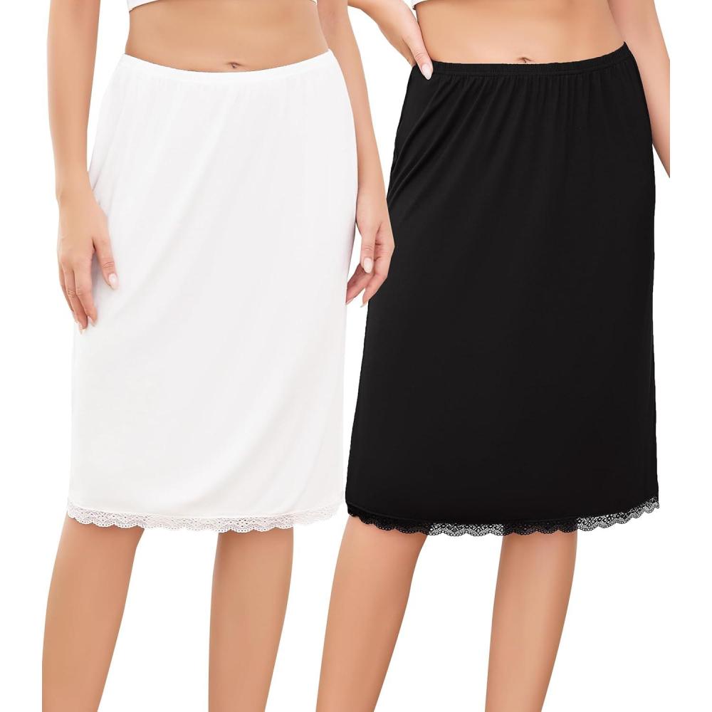 imageLovasy 2 Pieces Slip Skirt for Women Lace Half Slips AntiStatic Underskirt Knee Length Under Dress Slips S3XLBlack White