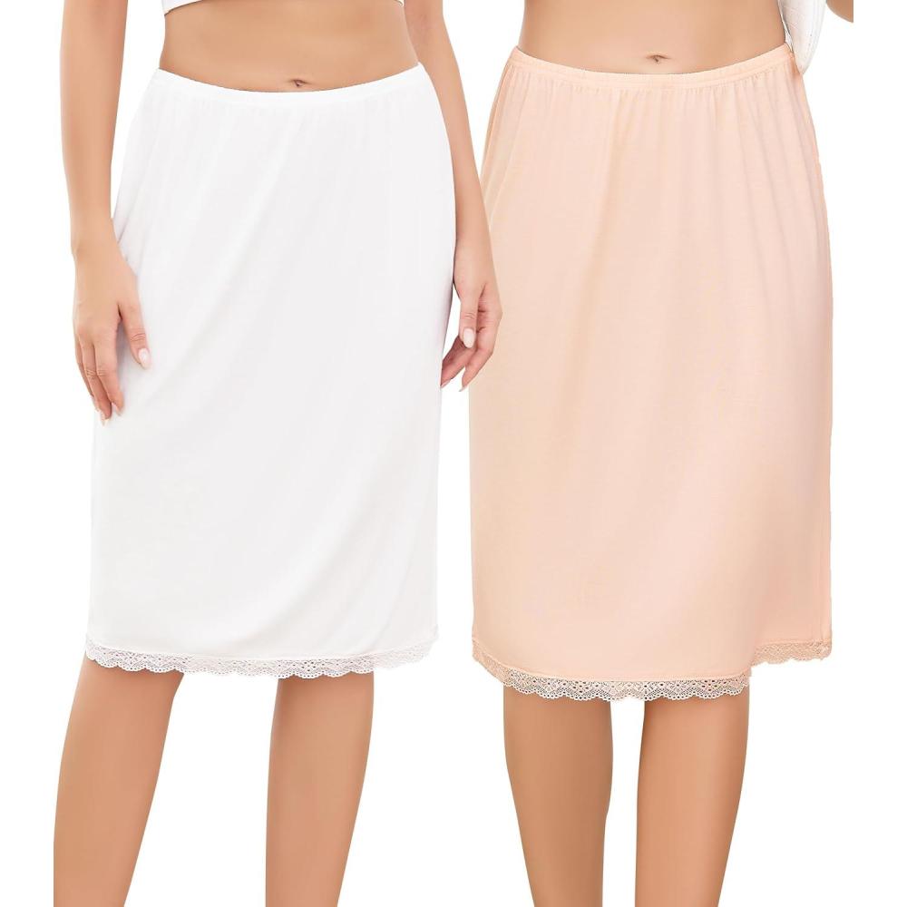 imageLovasy 2 Pieces Slip Skirt for Women Lace Half Slips AntiStatic Underskirt Knee Length Under Dress Slips S3XLWhite Nude