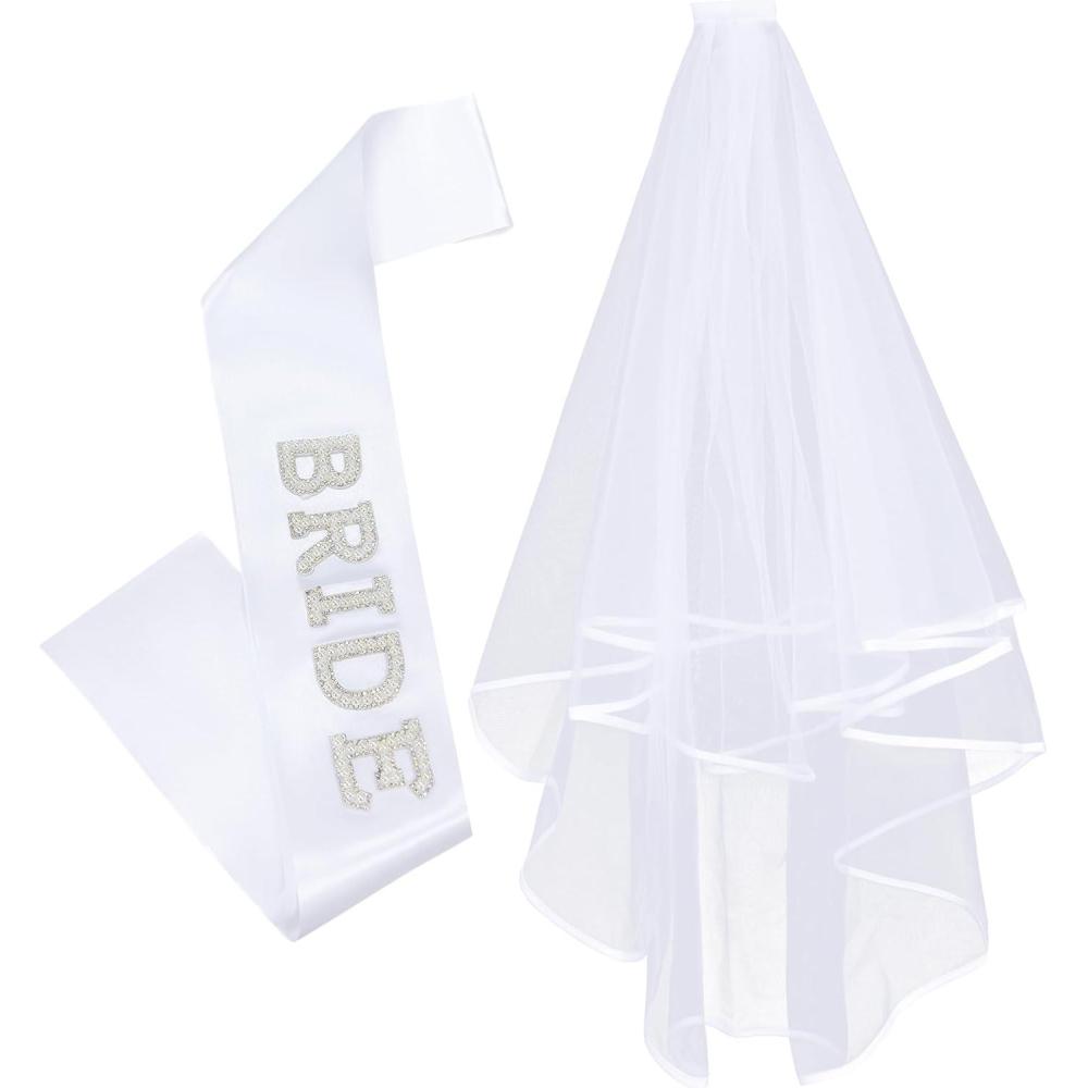 imageLovasy BridetoBe Sash amp Bride Veil White Wedding Veil for Bachelorette Party Bridal Shower Pearl Satin Sash 2pcs Bridal Accessories Set
