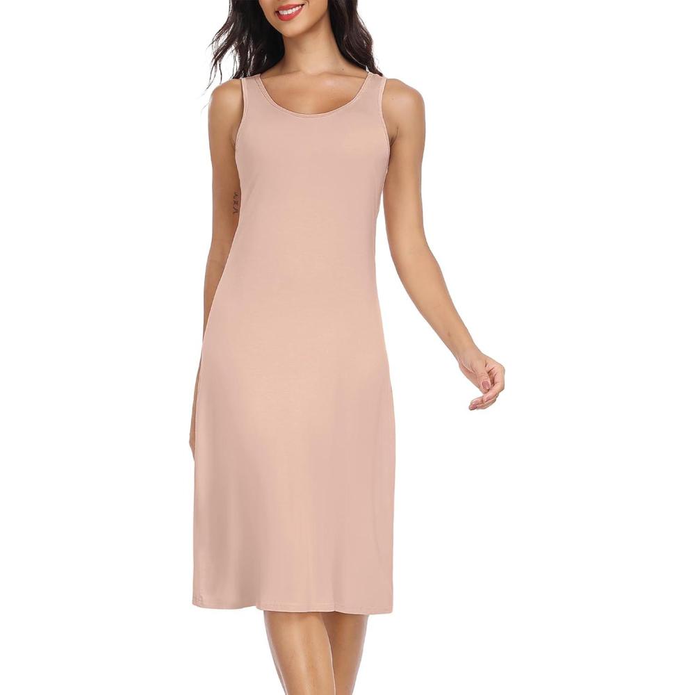imageLovasy Full Slip for Women Under Dress Long Wide Straps Slips Sleeveless Tank Tops Dresses Nightgown S3XLCamel