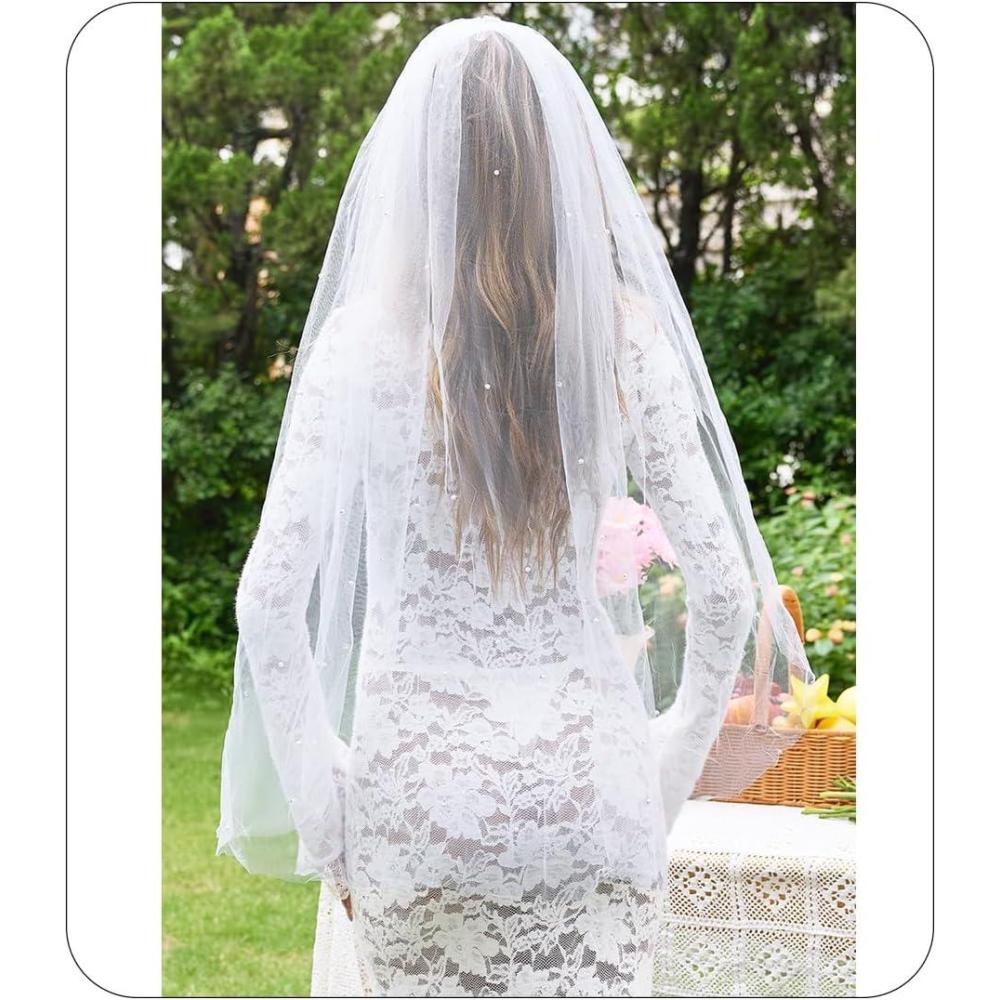 imageLovasy Pearl Wedding Bridal Veil 1 Tier Long Veils with Metal Comb Premium Wedding Accessories for Brides Bachelorette PartyFingertip Length100cm3937inch
