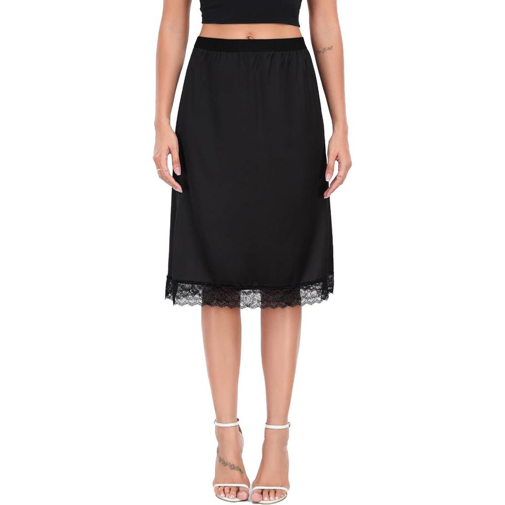 imageLovasy Women Satin Half Slips Lace Long Underskirt Anti Static Under Skirt Soft Slip Dress for Skirts Dresses S3XLBlack