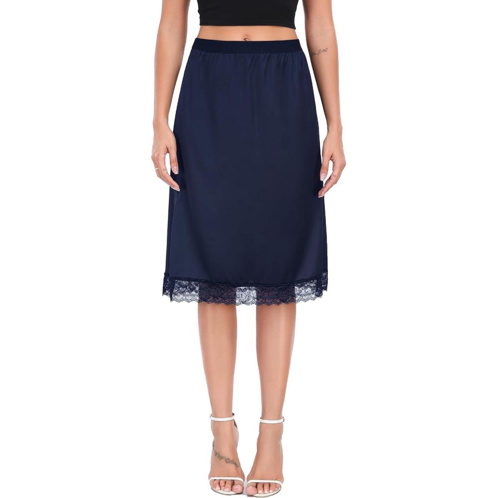 imageLovasy Women Satin Half Slips Lace Long Underskirt Anti Static Under Skirt Soft Slip Dress for Skirts Dresses S3XLNavy Blue
