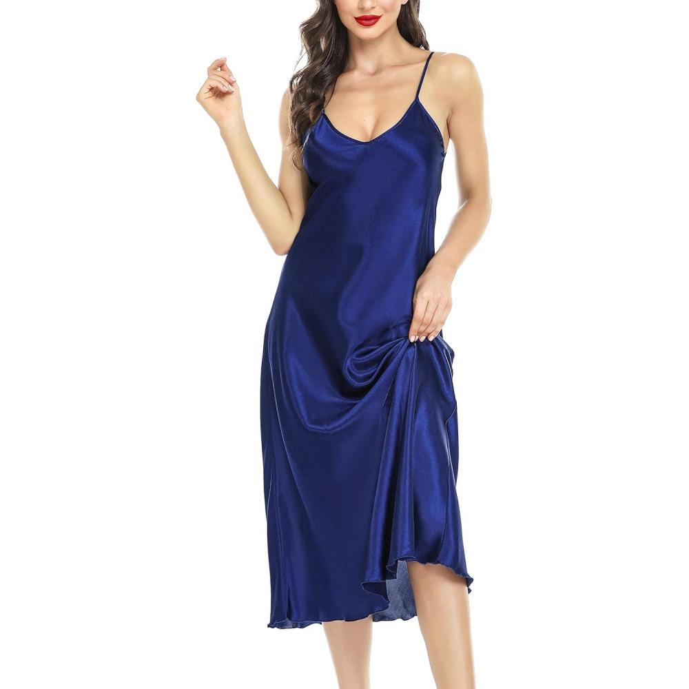 imageLovasy Women Satin Nightgown Sexy Lingerie Long Slip Dress V Neck Sleepwear Nightdress SXXLDark Blue