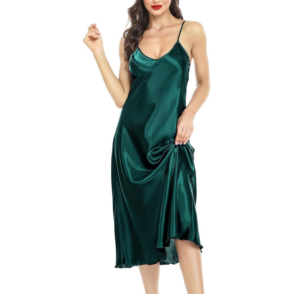 imageLovasy Women Satin Nightgown Sexy Lingerie Long Slip Dress V Neck Sleepwear Nightdress SXXLDark Green