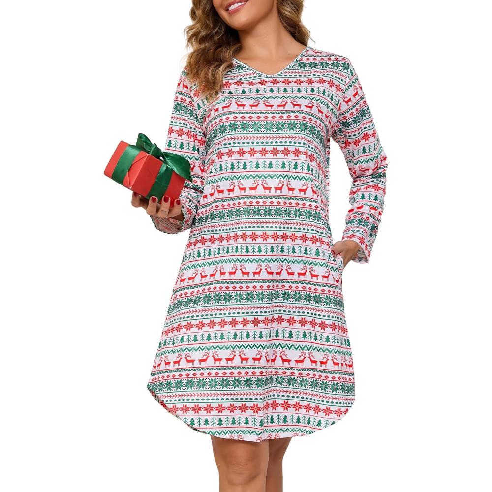 imageLovasy Womens Cotton Long Sleeves Nightgowns Christmas Sleepwear V Neck Sleepshirt Nightdress with Pockets S3XLChristmas02