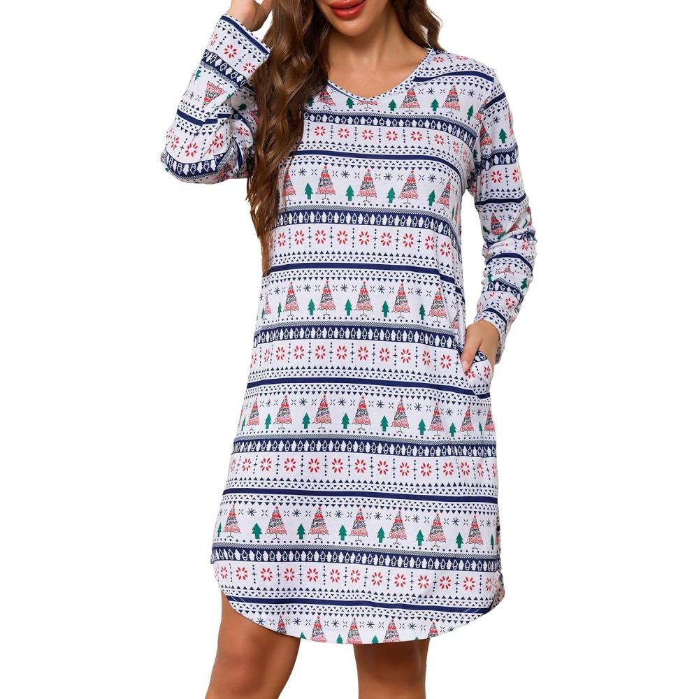 imageLovasy Womens Cotton Long Sleeves Nightgowns Christmas Sleepwear V Neck Sleepshirt Nightdress with Pockets S3XLChristmas04