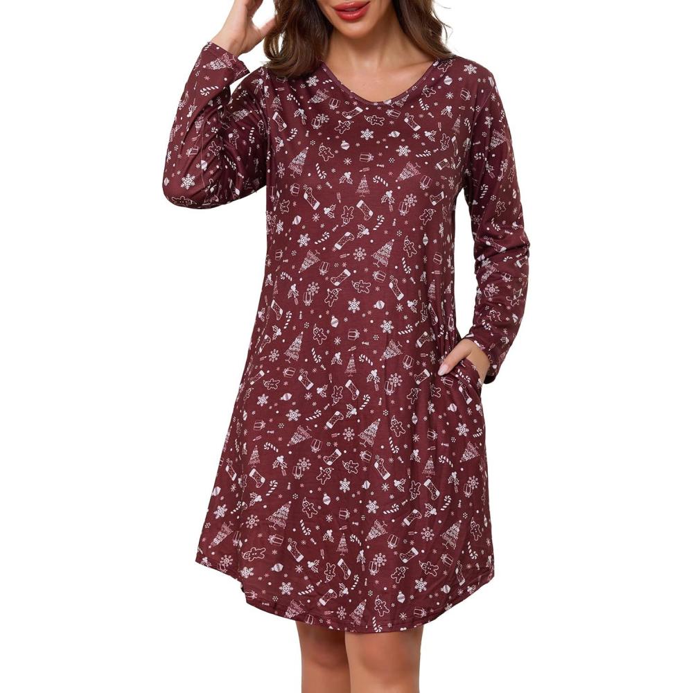 imageLovasy Womens Cotton Long Sleeves Nightgowns Christmas Sleepwear V Neck Sleepshirt Nightdress with Pockets S3XLChristmaswine Red01