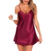 Lovasy Women Satin Nightgown Sexy Lingerie Sleepwear Silk Slip Dress V Neck Negligee Nightie Bridal Babydoll Short Nightwear(Purplish Red)