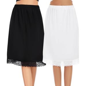 Lovasy 2 Pieces Half Slips for Women Long Underskirt Anti Static Satin Under Skirt with Lace Trim Slip for Skirts Dress S-3XL(Black+white)