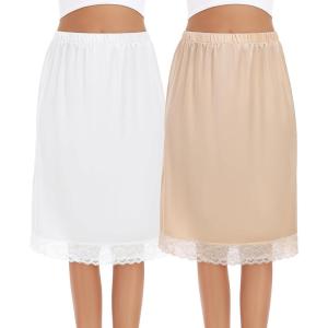 Lovasy 2 Pieces Half Slips for Women Long Underskirt Anti Static Satin Under Skirt with Lace Trim Slip for Skirts Dress S-3XL(White+nude)