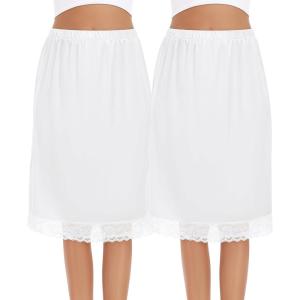 Lovasy 2 Pieces Half Slips for Women Long Underskirt Anti Static Satin Under Skirt with Lace Trim Slip for Skirts Dress S-3XL(White+white)